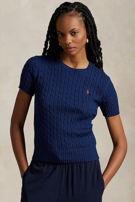 Cable-Knit Cotton Short-Sleeve Sweater