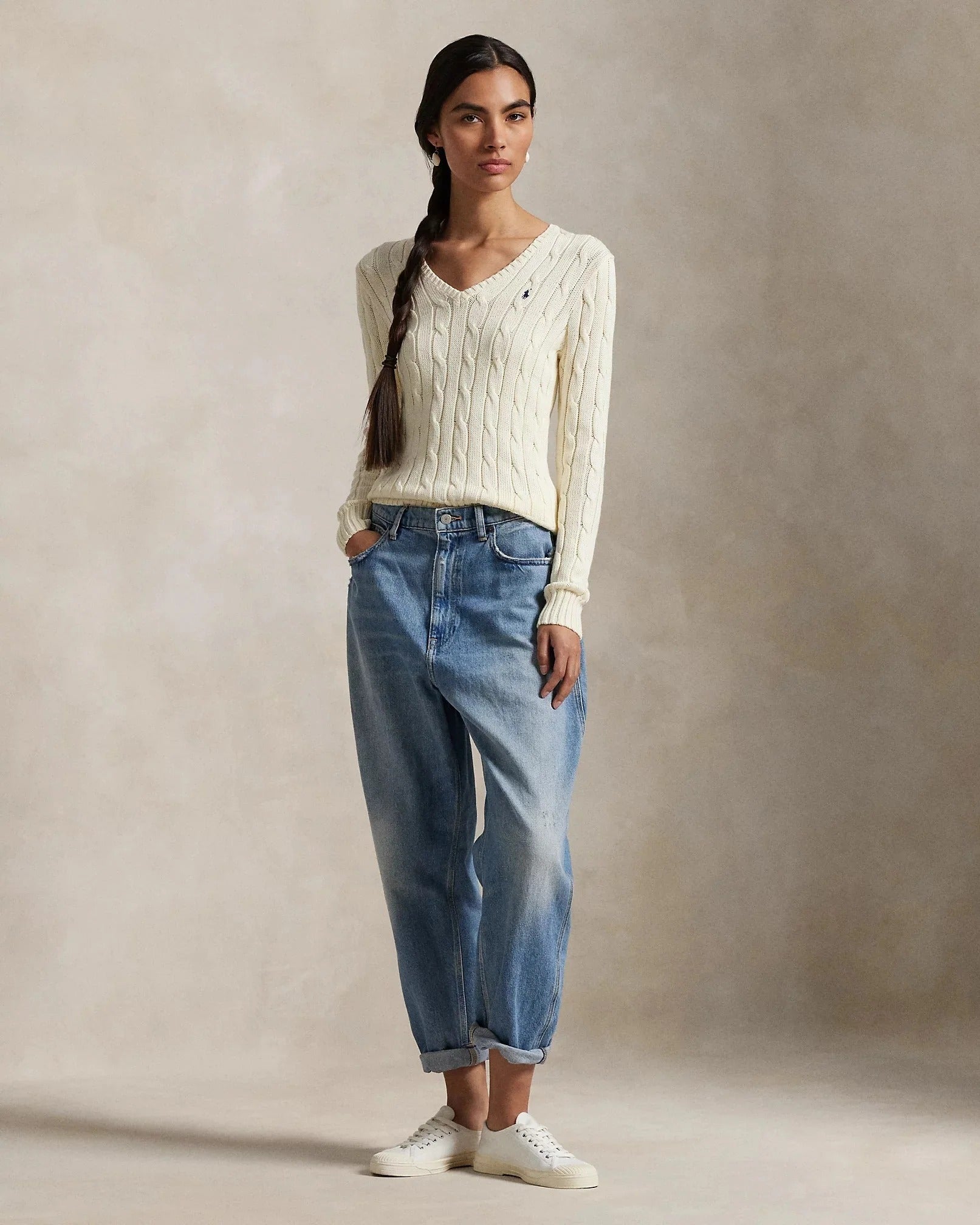 Cable-Knit Cotton V-Neck Jumper