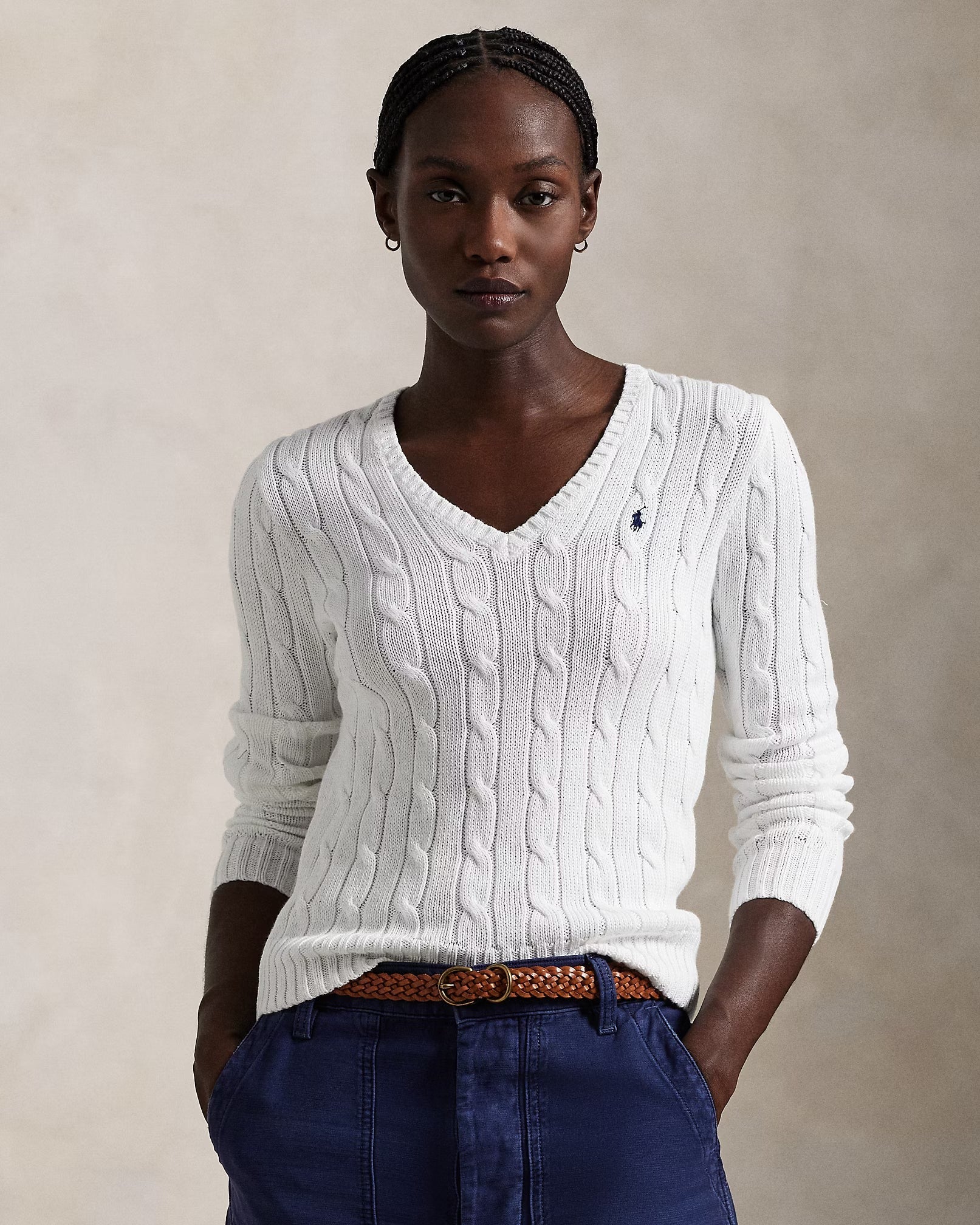 Cable-Knit Cotton V-Neck Jumper