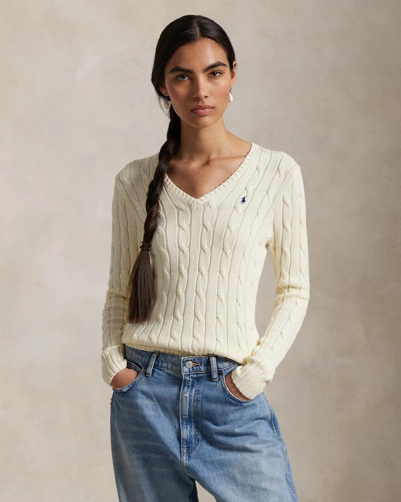 Cable-Knit Cotton V-Neck Jumper